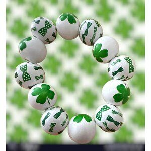 Luck of the Irish Clover Wood Beaded Stretch Bracelet St Patricks Day Ne…